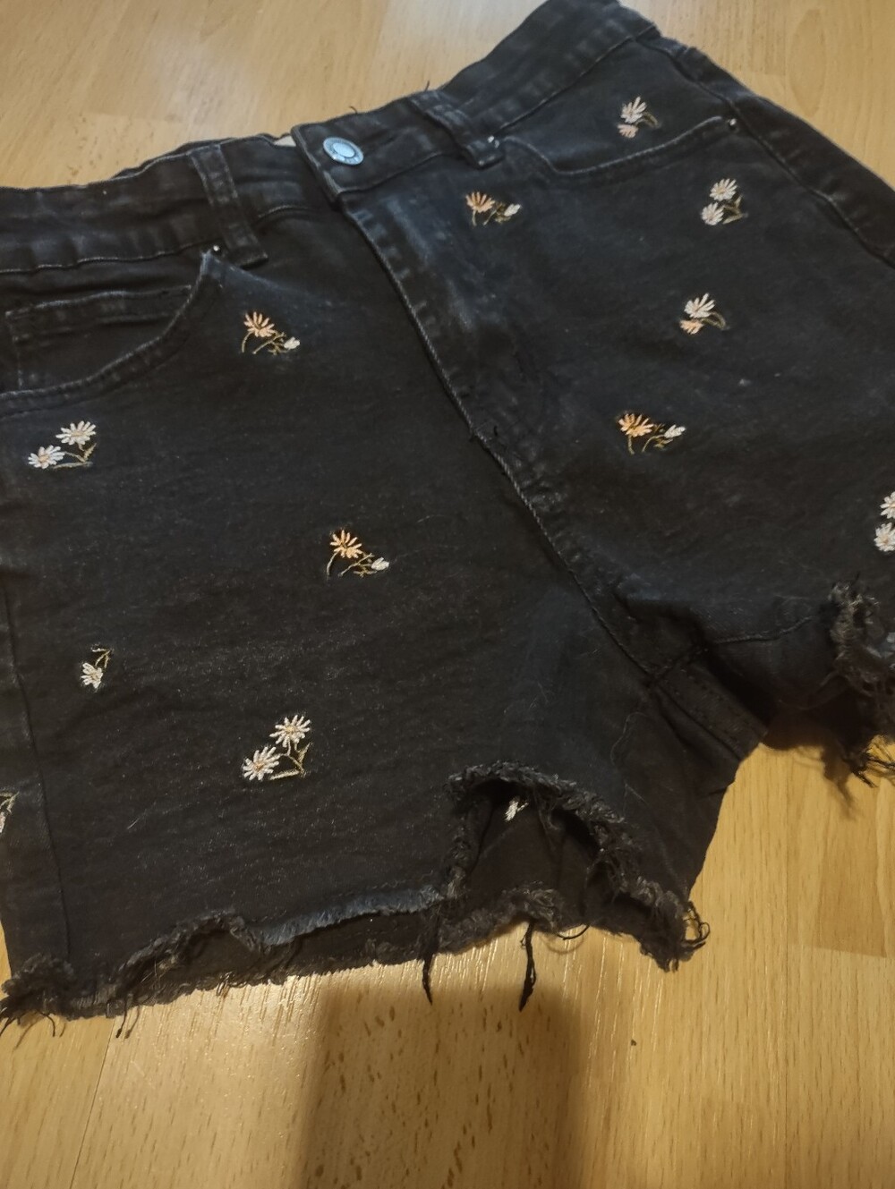 Angel Kiss Black Denim Shorts with White & Yellow Floral Embroidery